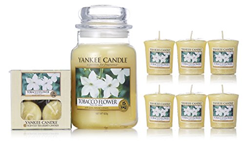 Officiel Yankee Candle 19 pièces Coffret cadeau Collection Tobacco Flowers avec grande jarre, bougies chauffe-plat et bougies votives