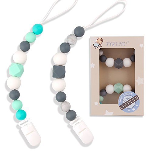 Book Cover TYRY.HU Pacifier Clips Silicone Teething Beads BPA Free Binky Holder for Girls, Boys, Baby Shower Gift, Teether Toys, Soothie, Mam, Drool Bibs, Set of 2 (Green, Gray)