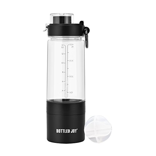 BOTTLED JOY Protein Shaker Bottle with 2-Layer Twist and Lock Storage Container - Tritan Lady Sports Protein Mix Fit Shaker Water Bottle 480ml 16oz 16 Ounce (Black)