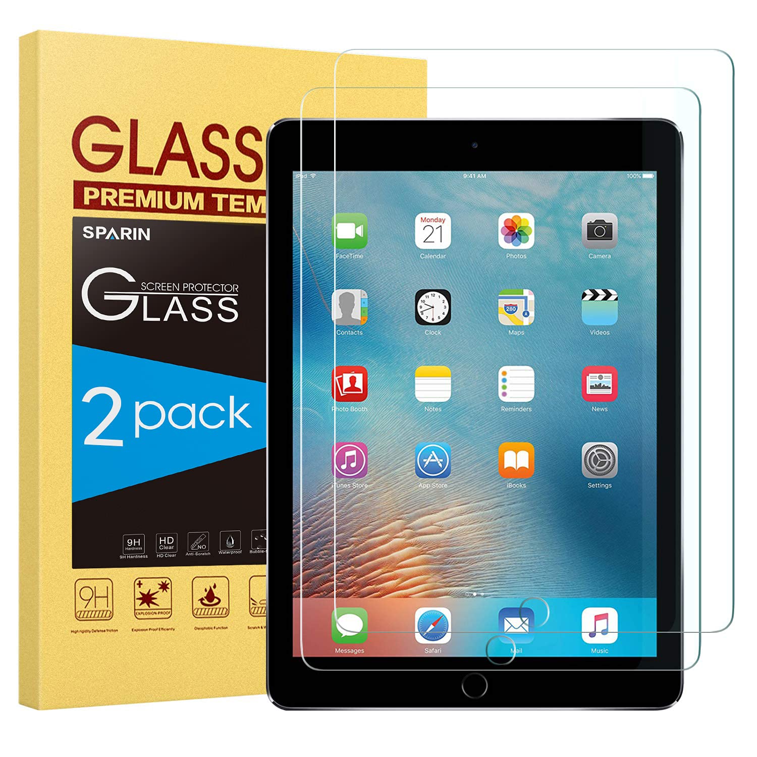 Book Cover SPARIN 2 Pack Screen Protector Compatible with iPad 6th 5th Generation/iPad Air 2/ iPad Pro 9.7, Tempered Glass Screen Protector
