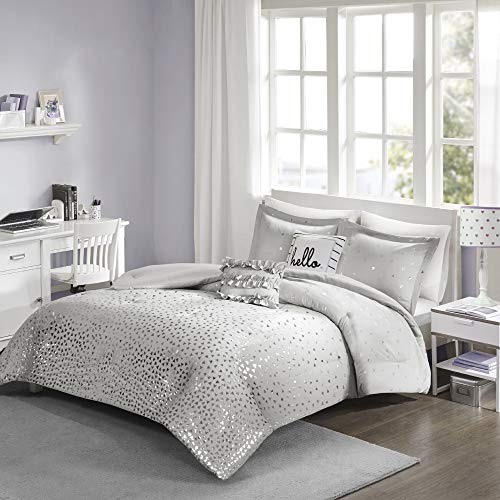 Intelligent Design Zoey Metallic Triangle Print Ultra Soft Hypoallergenic Microfiber Comforter Set Bedding, Twin/Twin XL, Grey/Silver 4 Piece