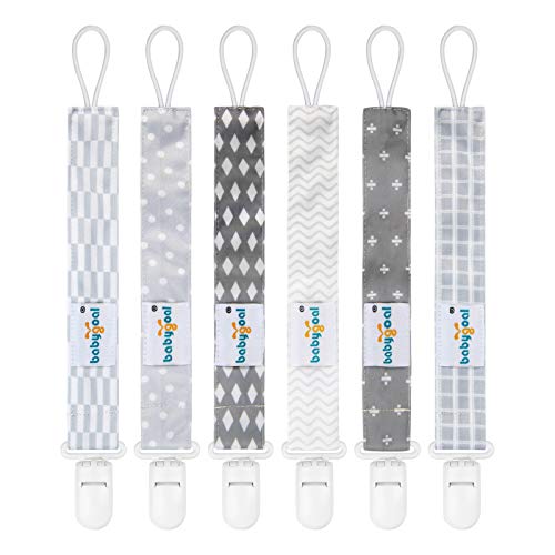 babygoal Neutral Grey Pacifier Clips, 6 Pack Binky Paci Holder Clip Leashes Fits for Most Baby Pacifiers and Binkies