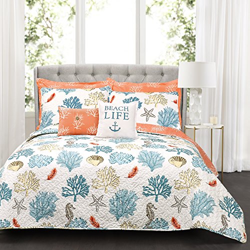 Book Cover Lush Decor Blue and Coral Coastal Reef Quilt-Reversible 7 Piece Bedding Set with Feather Seashell Design-Full Queen