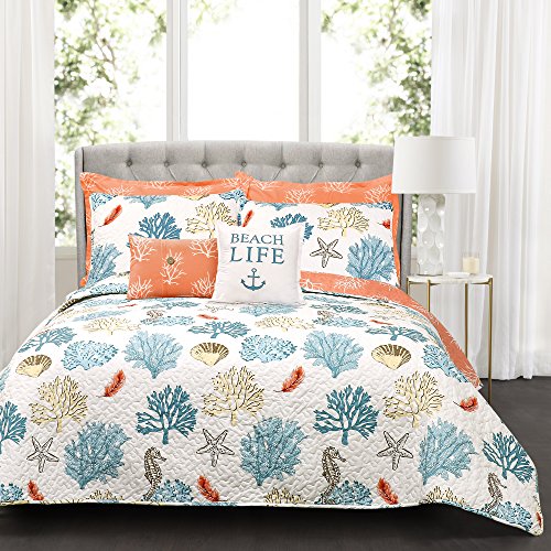 Lush Decor Blue and Coral Coastal Reef Quilt-Reversible 7 Piece Bedding Set with Feather Seashell Design-Full Queen