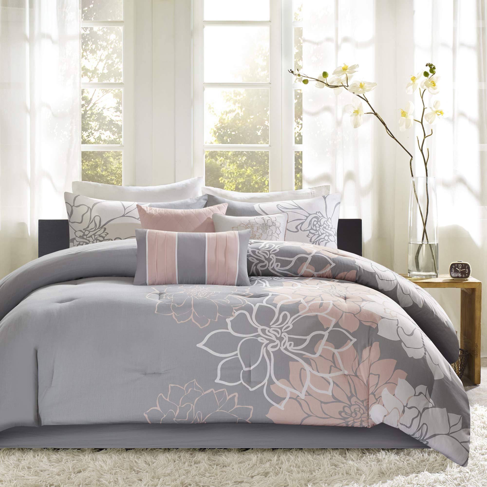 Madison Park Lola Sateen Cotton Comforter Set-Casual Medallion Floral Design All Season Down Alternative Bedding, Shams, Bedskirt, Decorative Pillows, King, Grey/Blush 7 Piece King Floral Grey/Blush
