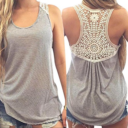 Napoo Women Summer Striped Lace Back Hollow Vest Tank Tops T-Shirt