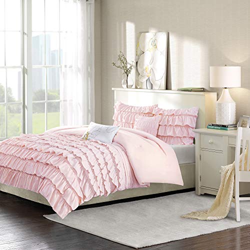 Intelligent Design Waterfall Comforter Reversible Solid Lush Ruffled Stripe Shabby Chic Ultra Soft Microfiber Down Alternative Pleated Decor Pillow Bedding-Set, Full/Queen, Blush