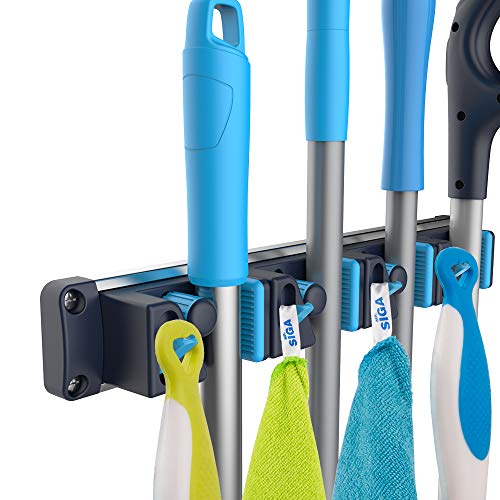 MR.SIGA Mop and Broom Holder,4 Slots and 4 Retractable Hooks, Sturdy Aluminum Alloy Base, Blue
