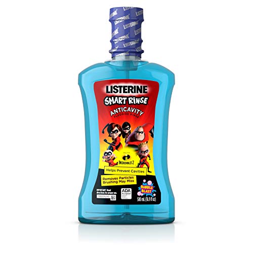 Book Cover Listerine Smart Rinse Kids Alcohol-Free Anticavity Fluoride Mouthwash Featuring Disney/Pixar Incredibles 2, Bubble Blast Flavor for Kids Oral Care, 500 mL