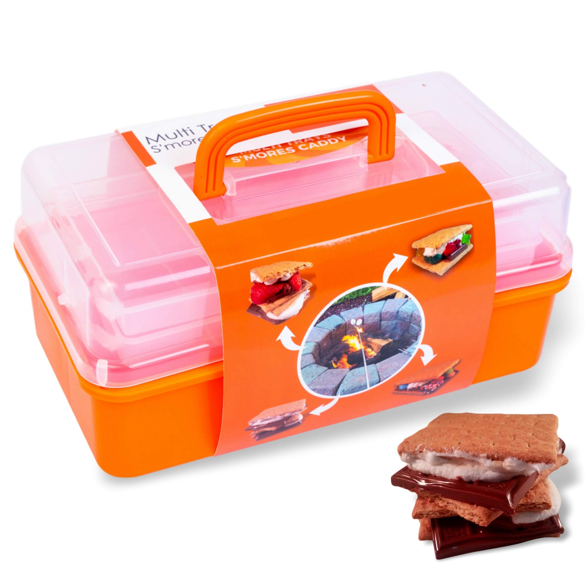 Book Cover SUMPRI Smores Caddy with TWO FOLDING TRAYS -Smore Box That Keeps Your Marshmallow Roasting Sticks/Crackers/Chocolate Bars Organized -Fire Pit accessories Kit,Campfire Smore Skewers Storage Box(Orange)