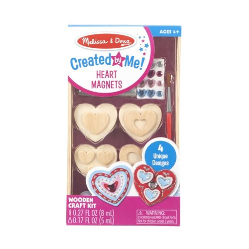 Melissa & Doug Created by Me! Wooden Heart Magnets Craft Kit (4 Designs, 4 Paints, Stickers, Glitter Glue) 8.75 x 5