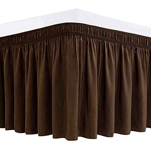 Book Cover Biscaynebay Wrap Around Bed Skirts for King & Cal King Beds 15 Inches Drop, Brown Elastic Dust Ruffles Easy Fit Wrinkle & Fade Resistant Silky Luxurious Fabric Solid Machine Washable