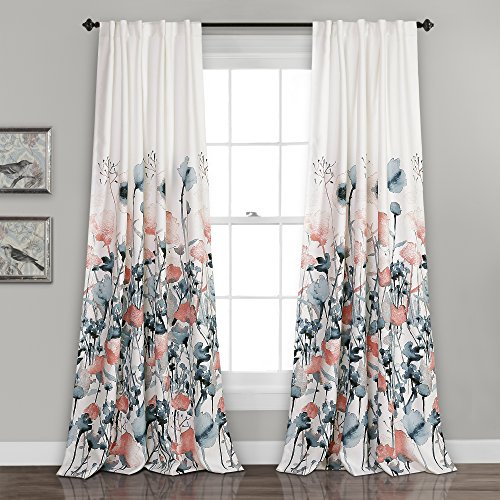 Book Cover Lush DÃ‰COR Zuri Flora Curtains Room Darkening Window Panel Set for Living, Dining, Bedroom (Pair), 84 in x 52 in, Blue and Coral, 2 Count