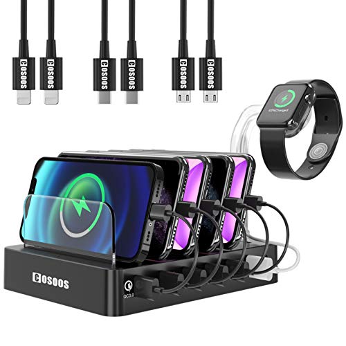 Fastest Charging Station with QC Quick Charge 3.0, COSOOS 63W 12A 6-Port USB Charging Station for Multiple Devices with 6 Mixed Short Cable & iWatch Stand, Multi Charger Station for Cell Phone, Tablet