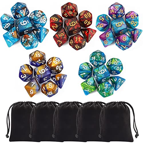 Book Cover CiaraQ Polyhedral Dice Set (35 Pieces) with Black Pouches, 5 Complete Double-Colors Dice Sets of D4 D6 D8 D10 D% D12 D20 Compatible with Dungeons and Dragons DND RPG MTG Table Games