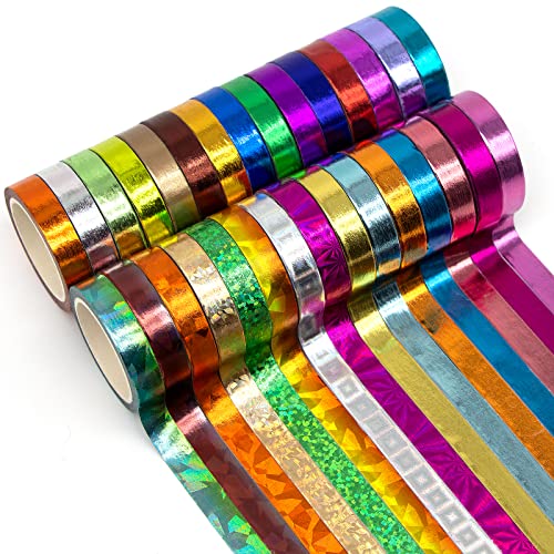 30 Rolls Foil Washi Tape - Multi-Colored & Gold Metallic Washi Masking Tape - 8mm x 4m Japanese Paper Tape for DIY Crafts