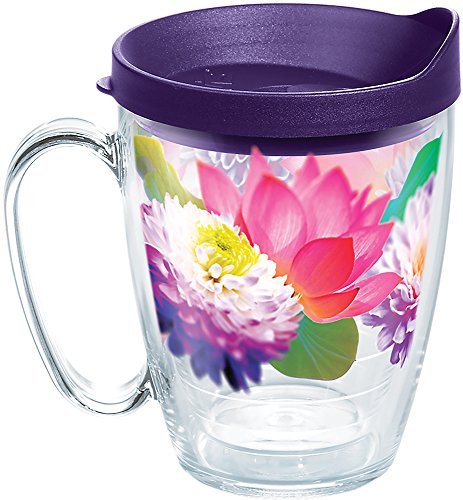 Tervis 1286280 Floral Filter Tumbler with Wrap and Royal Purple Lid 16oz Mug, Clear