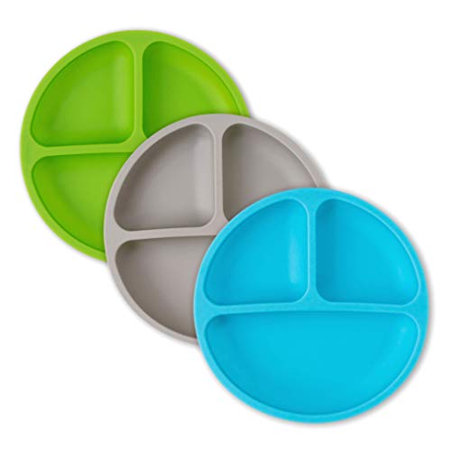 Book Cover Toddler Plates - Silicone Plate with Dividers for Baby, Kids & Toddlers - Set of 3 - Microwave Safe Dishes - Blue, Gray, Green