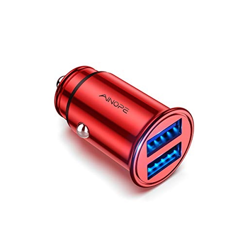 AINOPE Car Charger, 4.8A Aluminum Alloy Car Charger Adapter Dual USB Port Fast Car Charging Mini Flush Fit Compatible iPhone Xs max/XR/x/7/6s, iPad Air 2/Mini 3, Note 9/Galaxy S10/S9/S8 - Red