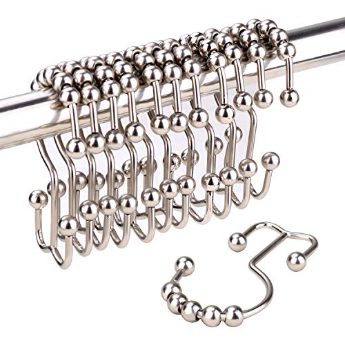 Book Cover Wimaha Rustproof Shower Curtain Ring Hooks, Stainless Steel Heavy Duty Roller Double Glide Decorative Shower Hooks for Bathroom Rods Curtains Liners, Brushed Nickel, Set of 12