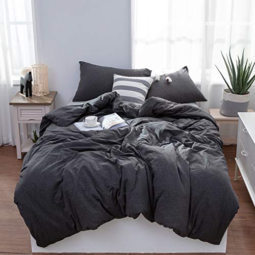 LIFETOWN Grey Duvet Cover Queen, Jersey Knit Cotton Duvet Cover Set, 1 Duvet Cover and 2 Pillowcases, Super Soft and Easy Care (Full/Queen, Dark Gray)