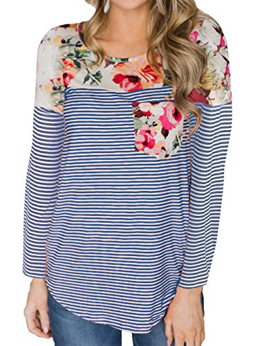 LSAME Women's Blouse Short/Long Sleeve Floral Print Striped T-Shirt Casual Comfy Tunic Tops with Pocket