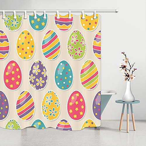 Book Cover NYMB Multicolor Easter Eggs Shower Curtain, Cartoon Childlike Painted Eggshell Pattern Bathroom Curtains, Polyester Fabric Waterproof Spring Festival Easter Shower Curtain Set with Hooks, 69X70in