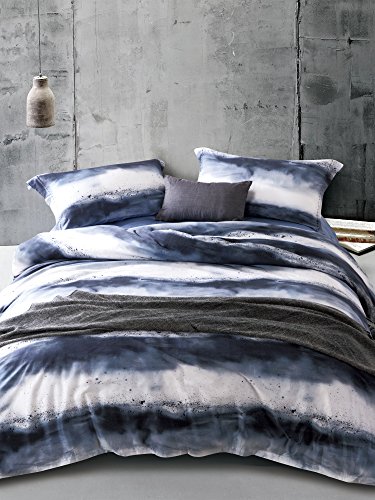MILDLY 100% Long-Staple Cotton Duvet Cover Set Navy & White Striped Watercolor Pattern Printed Comforter Cover 3pcs, Ultra Soft & Breathable Bedding Set