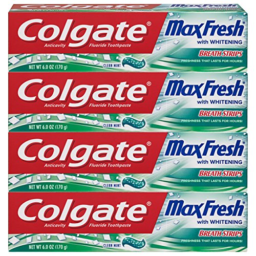 Book Cover Colgate Max Fresh Whitening Toothpaste with Breath Strips, 6 Oz, Limited Edition, Clean mint, 24 Ounce (Pack of 4)