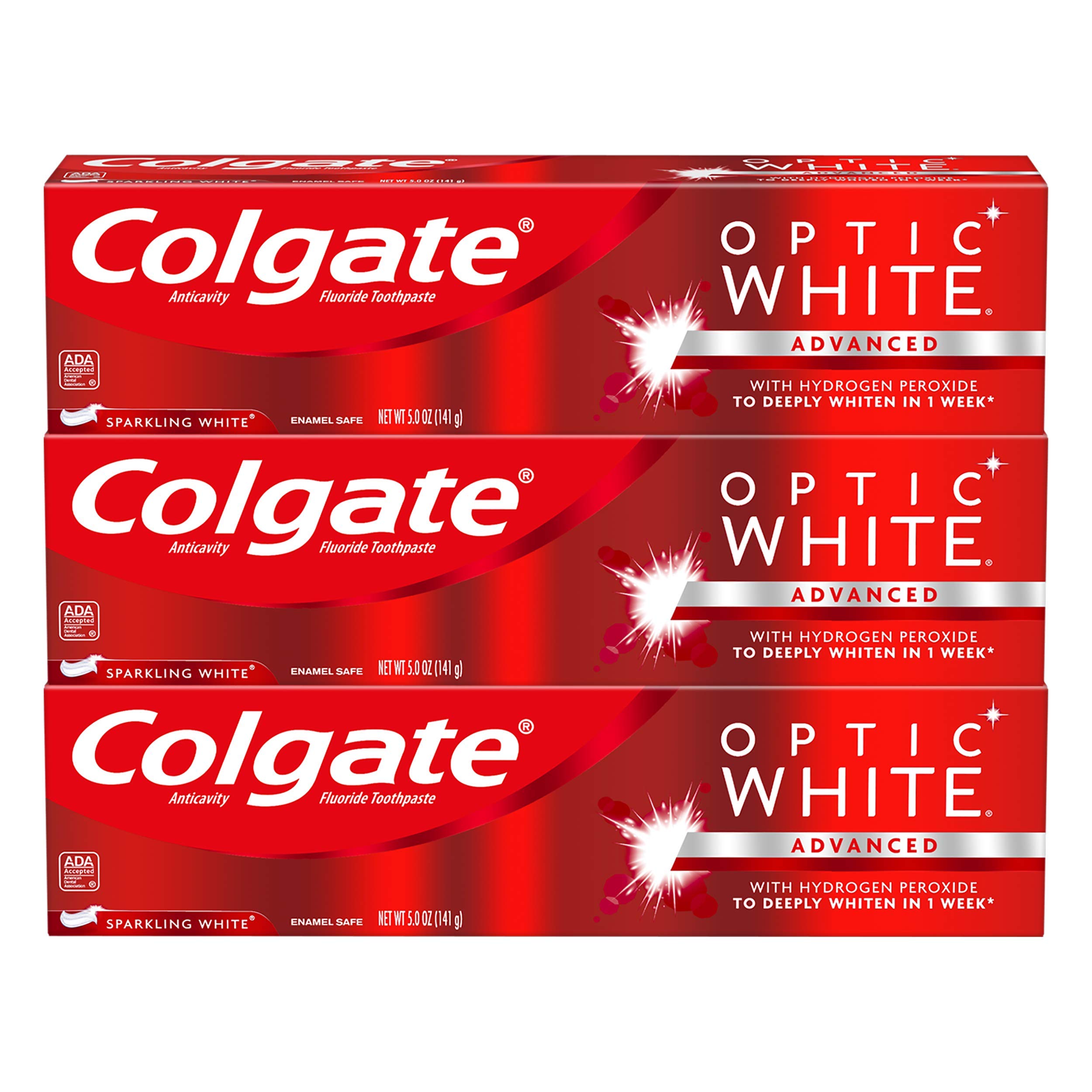 Book Cover Colgate Optic White Whitening Toothpaste, Sparkling White - 5 ounce (3 Pack) Whitening Toothpaste (3 X 5-Ounce Tubes) 5 Ounce (Pack of 3)
