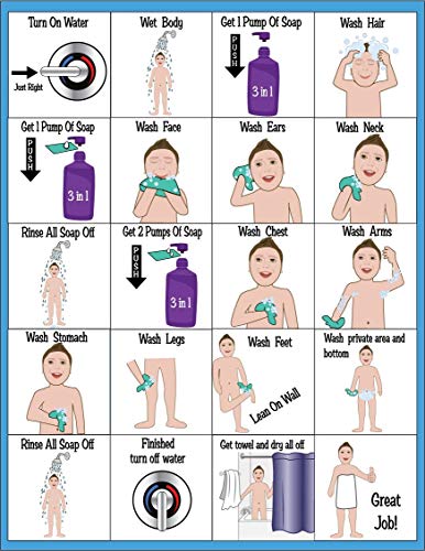 HOM ABA/OT Approved Step-by-Step 100% Sealed and Laminated 9X12 Shower Chart. Ideal for Children with Autism or Special Needs. Helps with Teaching Self Care. PECS Charts, Visual Schedules, Aids