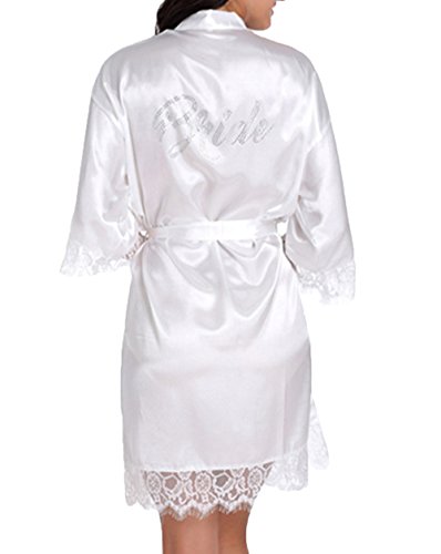 WPFING Bride Robes White Lace Bridal Party Robes Rhinestone Satin(Bride White Lace,XL)