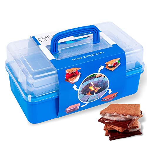 Book Cover SUMPRI Smores Caddy -TWO FOLDING TRAYS Smore storage Box (Does NOT Include Skewers) Keeps Your Marshmallow Roasting Sticks,Crackers,Chocolate Bars Organized -Campfire,Fire Pit accessories Kit (Blue)