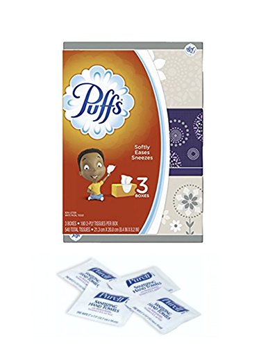 Puffs, Everyday Non-Lotion Facial Tissues, 180 tissues per Box, 3 Pack, with Bonus of 4 Purell Hand Sanitizing Wipes