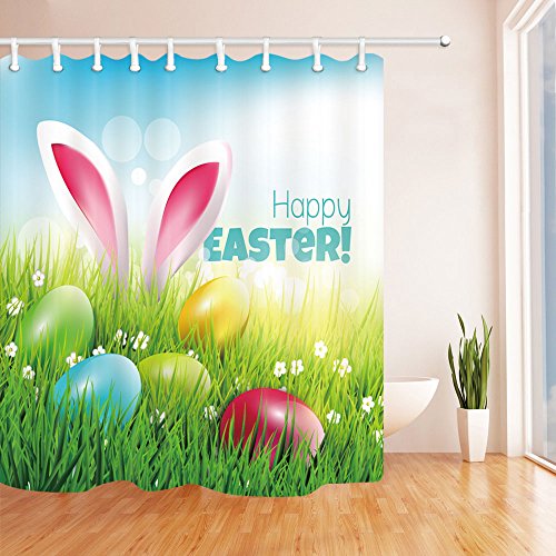 Book Cover NYMB Happy Easter Bath Curtain, Polyester Fabric Waterproof Spring Festival Rabbit and Easter Eggs in Grass and Flower Shower Curtains, 69X70inch, Shower Curtain Hooks Included, Green
