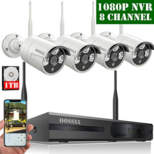 【2019 Update】 HD 1080P 8-Channel OOSSXX Wireless Security Camera System,4Pcs 720P(1.0 Megapixel) Wireless Indoor/Outdoor IR Bullet IP Cameras,P2P,App, HDMI Cord & 1TB HDD Pre-Install