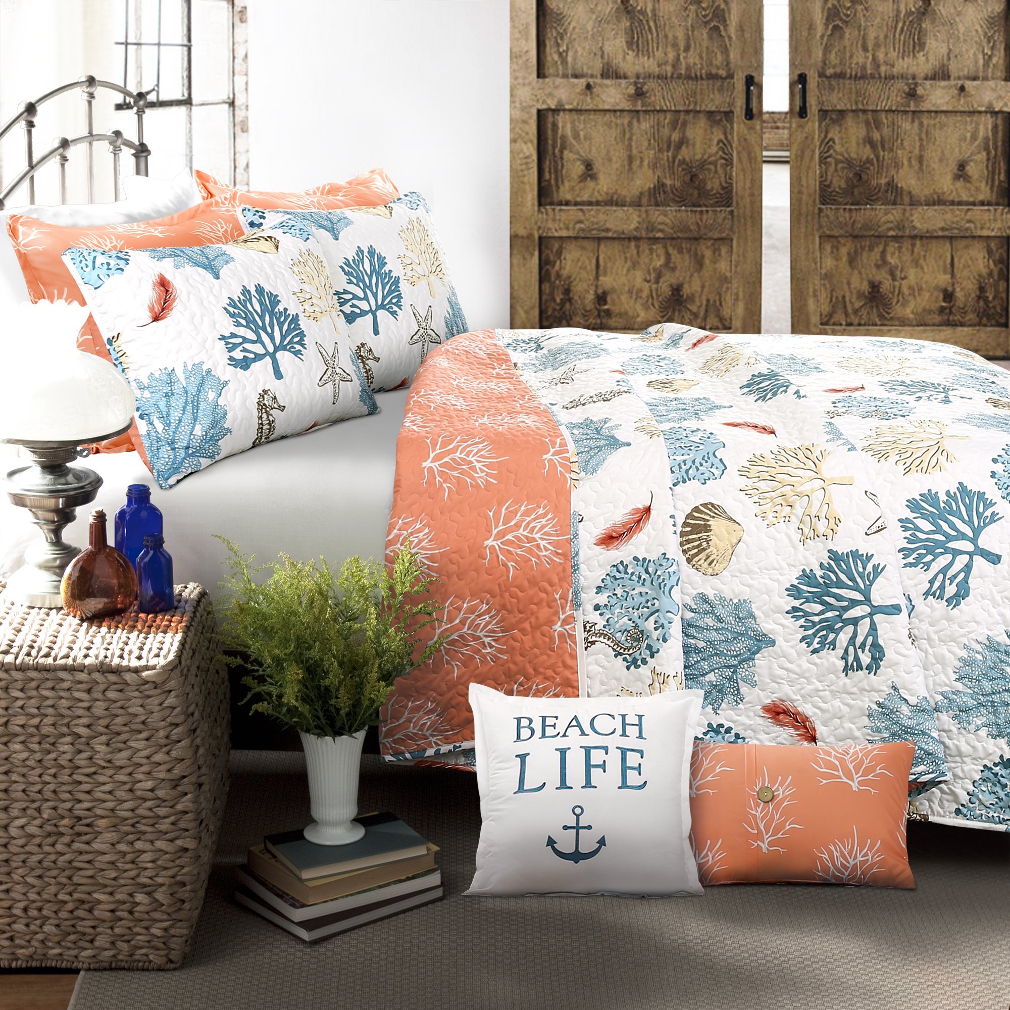 Book Cover Lush Decor 7 Piece Coastal Reef Feather Quilt Set, King, Blue & Coral