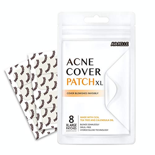 Book Cover Avarelle Acne Pimple Patch (8 Count) Absorbing Hydrocolloid Spot Treatment with Tea Tree Oil, Calendula Oil and Cica, Vegan, Cruelty Free Certified (XL Square / 8 PATCHES)