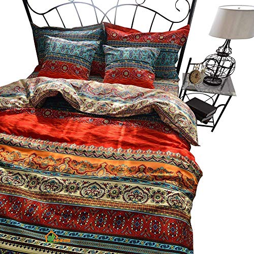 HNNSI Bohemia Exotic Striped Bedding Set, 100% Brushed Cotton Thick Boho Reversible Duvet/Quilt/Comforter Cover Set (Fitted Sheet Set, Queen)