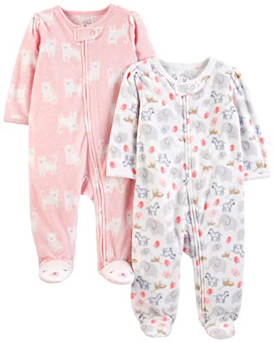 Simple Joys by Carter's Baby Girls' Fleece Footed Sleep and Play, Pack of 2, Pink Cat/White Animal, 0-3 Months