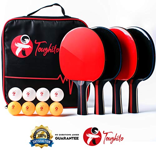Book Cover TOUGHITO Ping Pong Paddles Set of 4 - Aero Black Professional Table Tennis Racket Set & 3 Star Ping Pong Balls - Cleaning Cloth & Portable Carrying Case - Ping Pong Paddle Set with Premium Quality