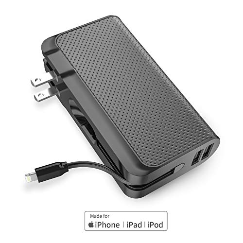 Luxtude Global-Traveller 9000mAh 3-in-1 Portable Charger, 【Foldable Wall Plug, Apple Certified Lightning Cable, Dual USB Output 】 Power Bank for iPhone, iPad and Android (Adapter Converter Optional)