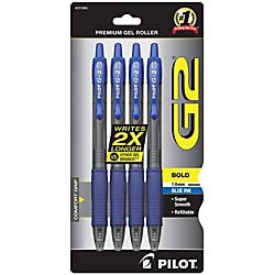 Pilot G-2 Retractable Gel Pens, Bold Point, 1.0 mm, Clear Barrels, Blue Ink, Pack of 4 Pens