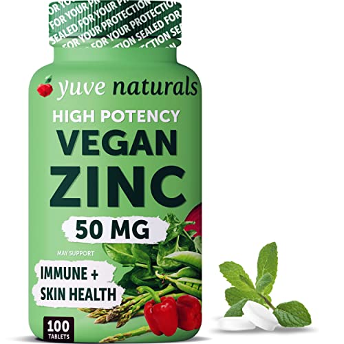 Yuve Natural Vegan Zinc Supplements 50mg, Immune Support, Fast Relief from Colds and Flu, Acne Free Skin, Healthy Hormone Levels, Non-GMO, Gluten & Sugar Free - 100 Vegetarian Tablets