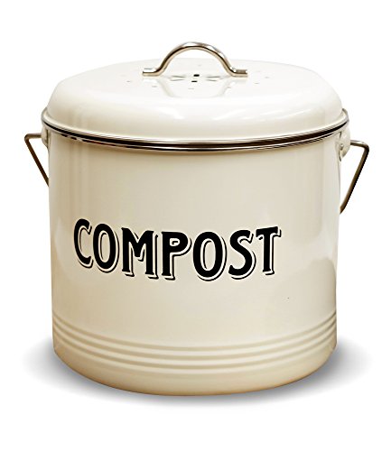 Compost Bin with 7 FREE Charcoal Filters by Silky Road | 1.3-Gallon / 5-Liter | Vintage Cream Powder-Coated Carbon Steel | Kitchen Pail with Lid, Trash Keeper Container Bucket, Recycling Caddy