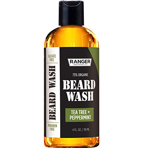 Beard Wash Shampoo by Ranger Grooming Co by Leven Rose, Sulfate Free Natural Beard Cleanser & Conditioner for Men, Tea Tree & Peppermint for Growth & Thickening, Paraben Free 4 Oz