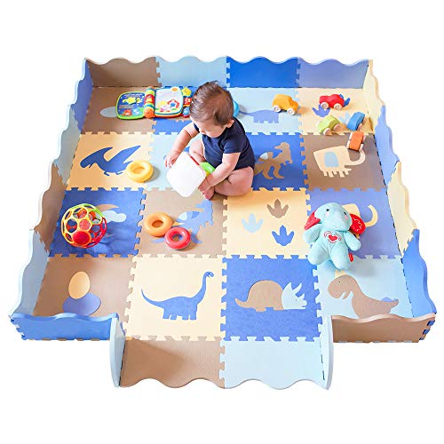 HAN MM 18pcs Baby Foam Mat with Fence Blue Interlocking Foam Floor Tiles for Kids Toddlers Babies Playrooms/Nursery Tummy Time and Crawling Dinosaur 75.9" x 35.4"