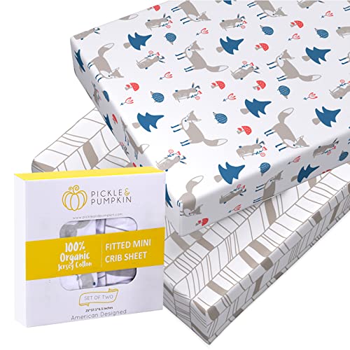 Pack n Play Sheets with Fox Pattern - 100% Organic Cotton Pack n Play Fitted Sheet - Premium Mini Pack and Play Sheets - Pickle & Pumpkin Sheet Compatible as Graco Pack n Play Sheet & Mini Crib Sheets
