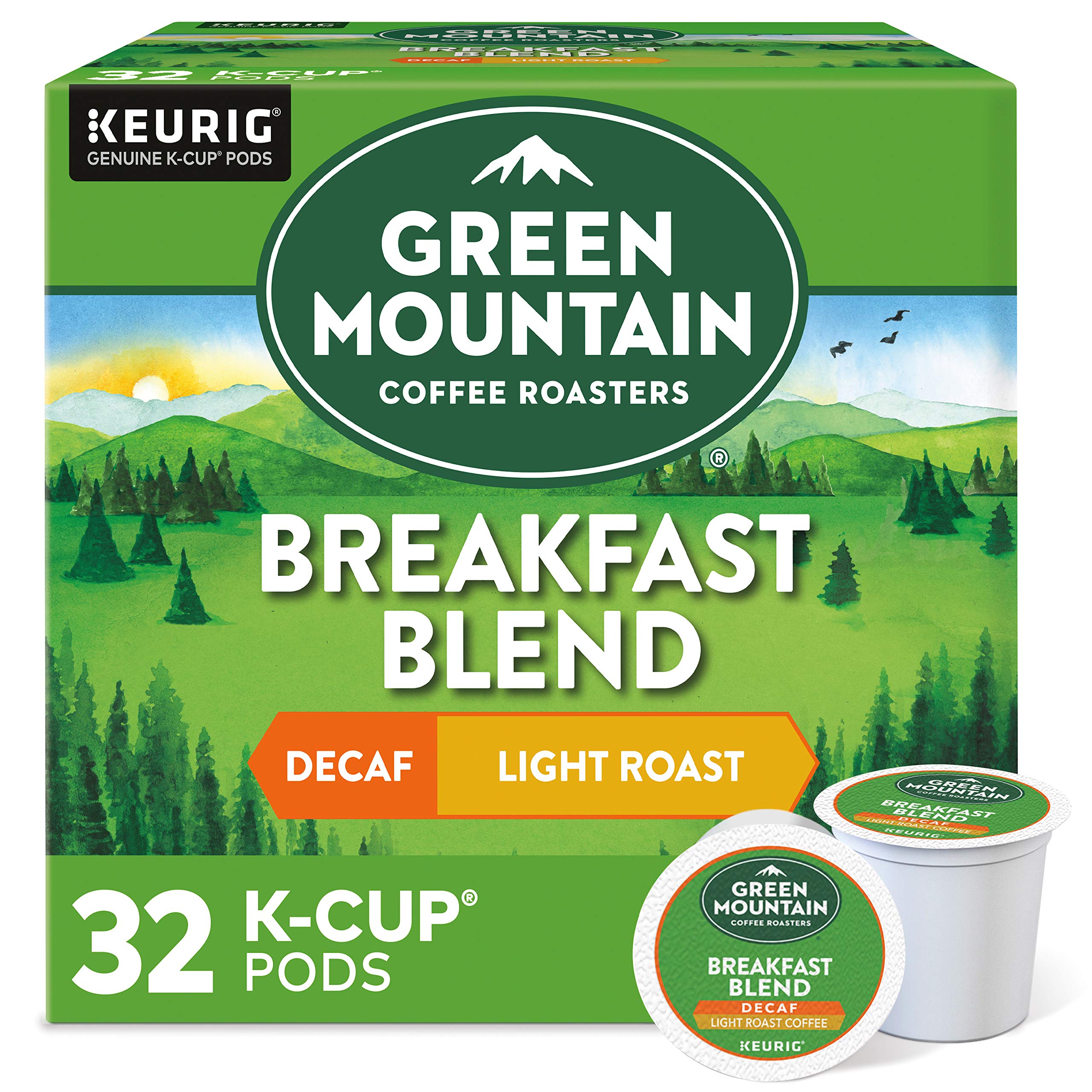 Book Cover Green Mountain Coffee Roasters Decaf Breakfast Blend , Single-Serve Keurig K-Cup Pods, Light Roast Coffee, 32 Count Decaf Breakfast Blend 32 Count (Pack of 1)