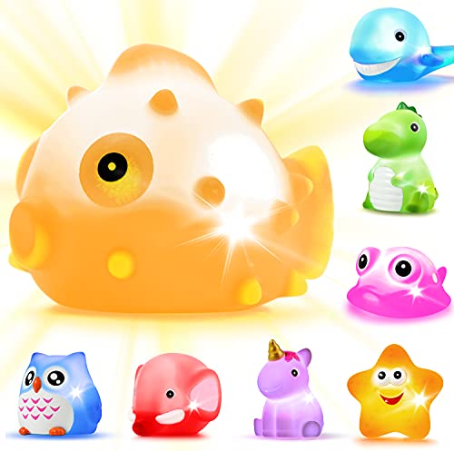 Book Cover Bath Toys, 8 Pcs Light Up Floating Rubber Animal Toys Set, Flashing Color Changing Light in Water, Baby Infants Kids Toddler Child Preschool Bathtub Bathroom Shower Games Swimming Pool Party